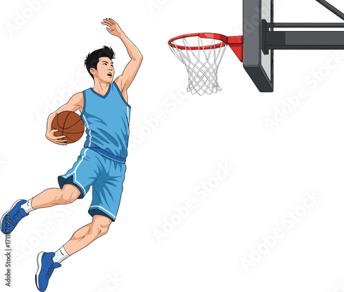 Basketball player mid-air dunk, slam dunk action shot, athletic jump, sports illustration, professional basketball art, dynamic pose, blue uniform, court play, isolated background