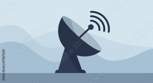 An iconic flat design vector illustration of a satellite dish, symbolizing global communication and broadcasting. Its minimalist form and clean lines convey modern technology and connectivity.