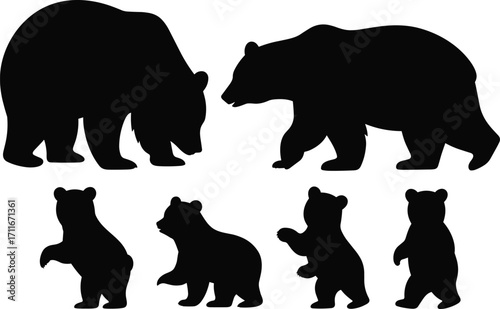 Bear family silhouette, mother and cubs, wild animal figures, nature concept, black bear shapes, wildlife vector, forest animals, walking bears, standing cubs