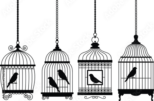 Birds in vintage cages silhouette vector, decorative hanging birdcage set, ornate black design, classic cage shapes, animal captivity art, isolated illustration