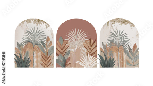 Three arches displaying tropical foliage in muted tones of beige, brown, and shades of green color