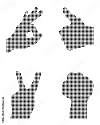 Vector illustration of various hand gestures in halftone style including ok sign, thumbs up, peace symbol and fist, isolated on white background.