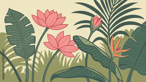 Illustration of pink lotus flowers and a bird of paradise among green tropical foliage plants