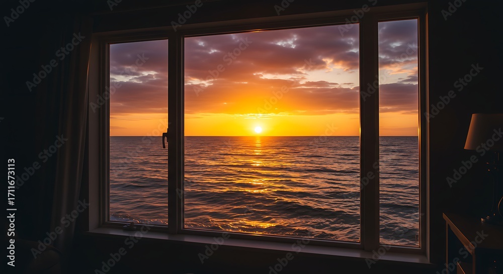 Fototapeta premium Sunrise ocean view from window