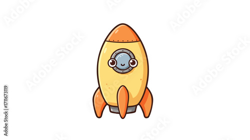 A cute cartoon yellow and orange rocket with a friendly face peeking out of its round window, standing upright on a white background.