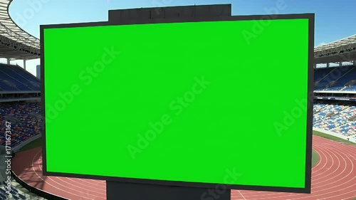 Large green screen display in a sports arena, blank for digital content, with track and stadium seating