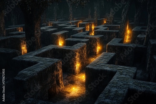 Intricate labyrinth illuminated by warm glow in dark surroundings