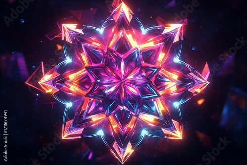 Wallpaper Mural Glowing symmetrical mandala design featuring neon geometric figures in vibrant colors and intricate patterns Torontodigital.ca