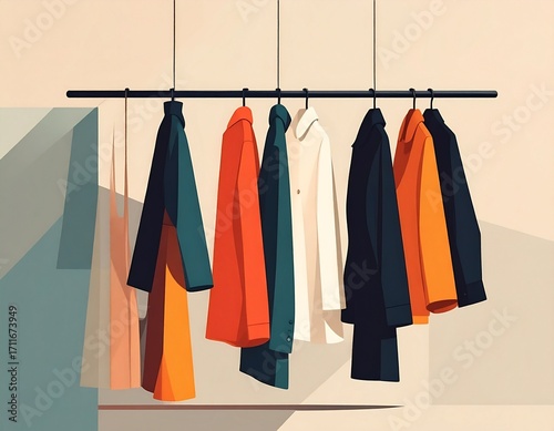 Clothes on Hangers in Wardrobe