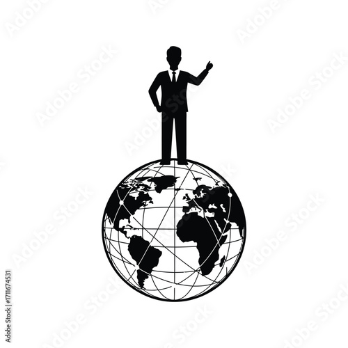A businessman standing on top of the world symbolizing global leadership and success in international business