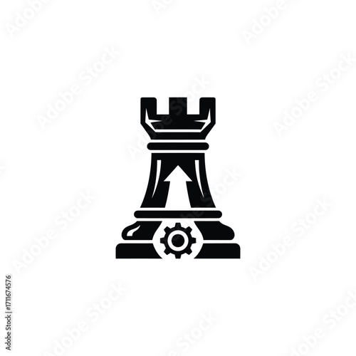 Chess rook with gear and arrow, symbolizing strategic technology advancement and innovative solutions