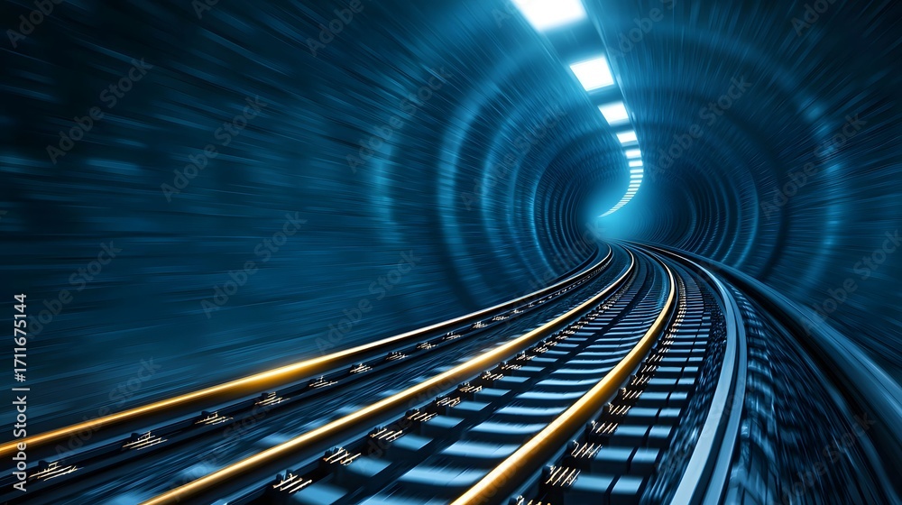 Fototapeta premium The image shows an abstracted view of railroad tracks curving into a blue tunnel, illuminated with square lights along the wall, creating a sense of depth and fast motion.