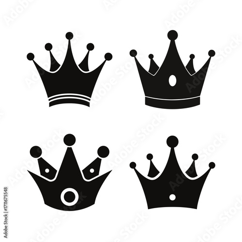 Collection of four stylized black crowns on transparent background