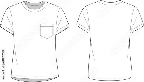 Basic round neck t-shirt front and back view, CAD flat sketch, technical fashion vector drawing for clothing design and pattern.