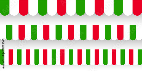 Shop sunshade. Realistic striped cafe awning. Outdoor market tent. Roof canopy in Italian flag colors. Summer street store. Vector illustration