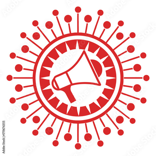 Red megaphone icon with spokes radiating outward symbolizing communication outreach and engagement stakeholder icon