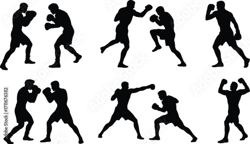 Boxing fighters silhouettes, men sparring in ring, boxing gloves, combat sport action, fighting poses, training session, black vector illustration, athletic competition, sportsmanship, martial arts.