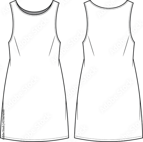 Basic sleeveless dress fashion flat sketch front and back view, simple shift dress outline, technical CAD vector template illustration