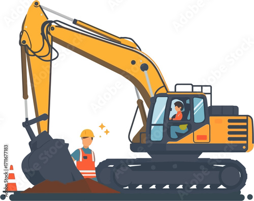 Cartoonstyle yellow excavator. Two workers operating it. Ideal for constructionthemed designs, educational materials, childrens books, or buildingrelated projects.
