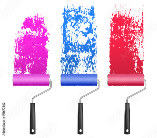Color paint rollers set isolated on white background. Vector realistic illustration of pink, blue, red brush strokes on wall, color samples with grainy texture for repair renovation, abstract lines
