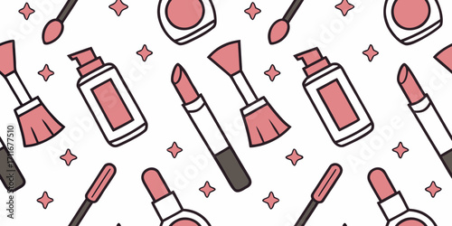 Seamless vector doodle pattern of makeup items including lipstick, mascara, nail polish, perfume bottles, and brushes in sketchy beauty and cosmetics style, glamorous seamless background illustration