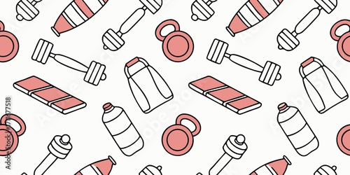 Seamless vector doodle pattern of yoga poses, dumbbells, kettlebells, water bottles, and gym mats in sketchy fitness style, health and wellness seamless background illustration