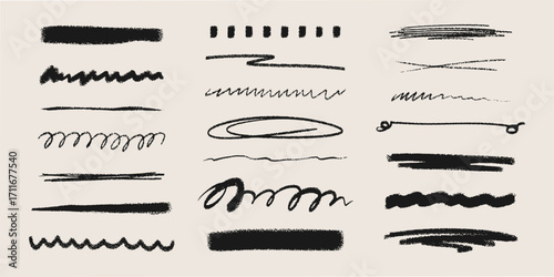 Abstract crayon doodle lines set isolated on background. Vector realistic illustration of black marker or pencil scribbles, thin and thick brush strokes with grainy texture, hand drawn scrawls