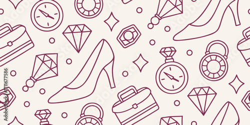 Seamless vector doodle pattern of high heels, pearls, watches, clutches, perfumes, and diamonds in glamorous sketchy fashion style, luxury accessories seamless background illustration