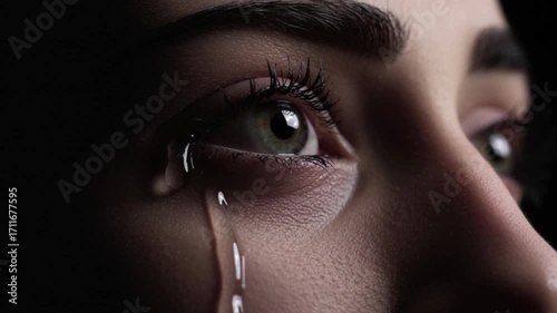Close up of woman  eye with tear falling down face macro detail, emotional sadness expression concept, crying woman sorrow depression grief loneliness feelings stress psychological pain background