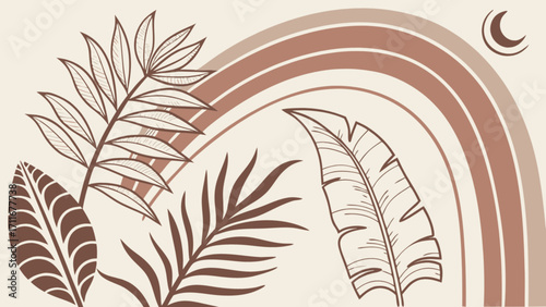 Illustration of tropical leaves with a rainbow and moon in earthy tones on a light background