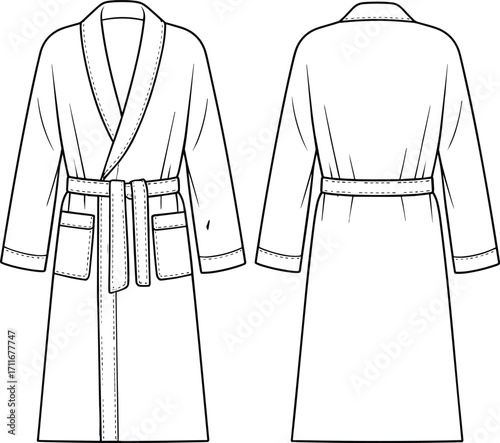Bathrobe fashion flat sketch, long sleeve robe with belt and pockets, vector CAD illustration for sleepwear and loungewear design.