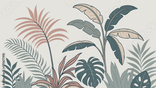 Illustration of tropical plants including palm fronds and monstera leaves in muted pastel colors
