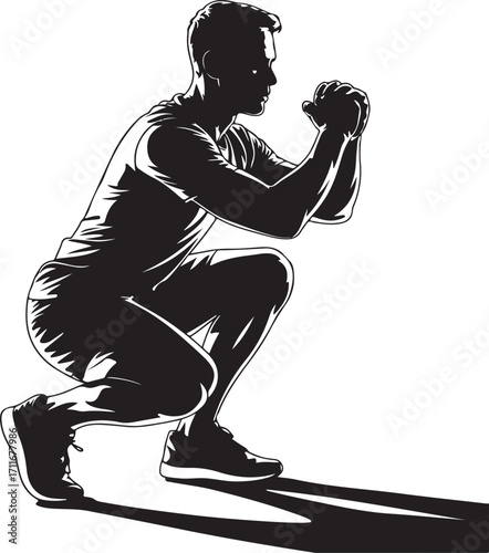 Black and white silhouette of a man performing a squat exercise with clasped hands fitness