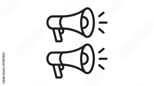 Two black outline megaphones announcing side by side on white background representing communication marketing and announcement