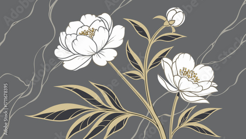 Illustration of white flowers with gold and black leaves on a gray background with light gray lines