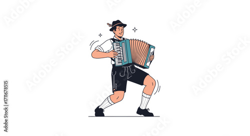 Illustration of a musician playing the accordion, dressed in traditional German attire. Depicting joy and music, suitable for Oktoberfest-themed designs and cultural projects.