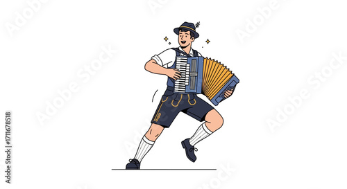 A cheerful Bavarian musician joyfully plays the accordion, dressed in traditional lederhosen, radiating energy and enthusiasm, perfect for festive celebrations