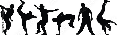 Breakdance silhouettes performing street dance moves, hip hop dancers, freestyle choreography, urban style, vector illustration, performance, culture, energy, expression