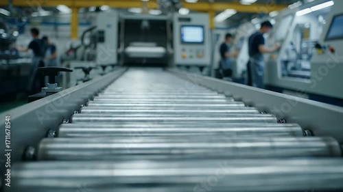 Wallpaper Mural Close up Rolling Silver Conveyor Belt in a Factory with Workers in Background Torontodigital.ca