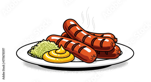 Delicious grilled sausages served on a plate with sauerkraut and mustard. A classic and satisfying meal, perfect for any occasion, and a taste of culinary delight