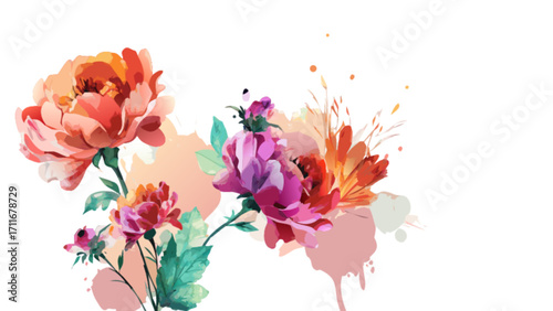 Watercolor floral arrangement with peach, pink, and orange flowers on a white background artfully displayed