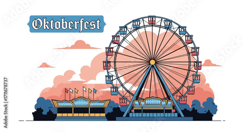 Oktoberfest illustration featuring a Ferris wheel, festival stalls, and flags set against a stylized sunset, celebrating the Bavarian beer festival, an event