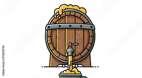 Cartoon illustration of a wooden barrel with beer pouring out. A classic image for pubs, breweries, and beer-related content, symbolizing refreshment and social gatherings