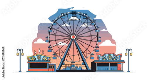 Illustration of a Ferris wheel against a sunset sky, flanked by amusement park structures with light fixtures and stylized clouds in a vector design