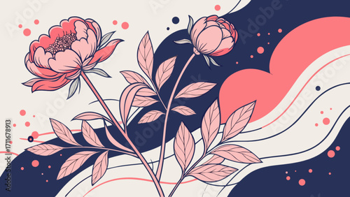 Illustration of two pink peony flowers with leaves against a stylized background design elements