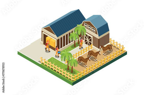 Modern Isometric Farm Management and livestock management Illustration in White Isolated Background With People and Related Digital Assets