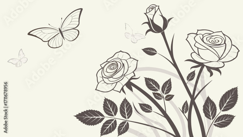 Illustration of roses with leaves and stems and two butterflies in a light background scene