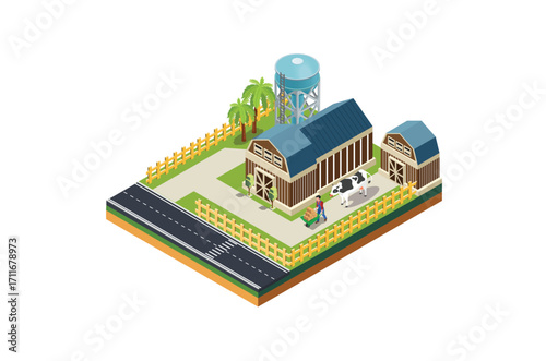 Modern Isometric Farm Management and livestock management Illustration in White Isolated Background With People and Related Digital Assets