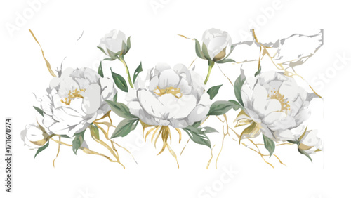 Watercolor illustration of a floral arrangement with white peonies and green leaves on a white background