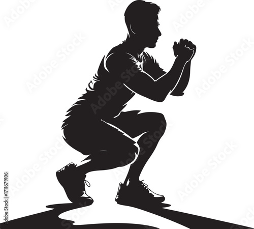 Black silhouette of a man performing a squat exercise with hands clasped fitness